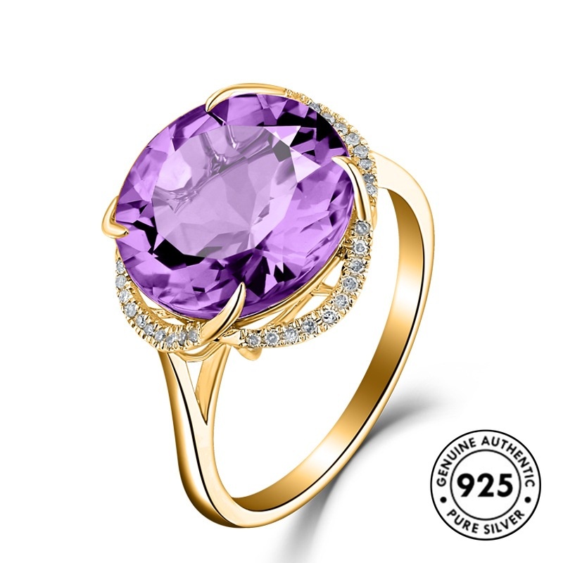 Cincin Sterling Silver 925 Lapis Emas 18k Model Terbuka Dengan Batu Amethyst Biru Laut Untuk Wanita