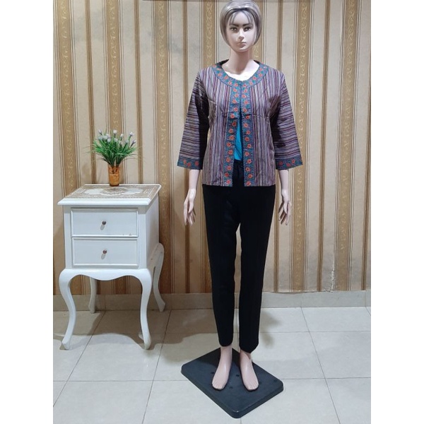 Outer Tenun Lurik Bordir Bunga | Atasan Wanita Outer Lurik