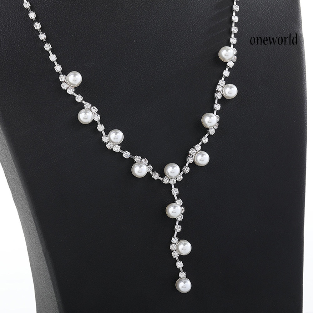 OW@ Fashion Women Rhinestone Faux Pearl Pendant Necklace Stud Earrings Jewelry Set