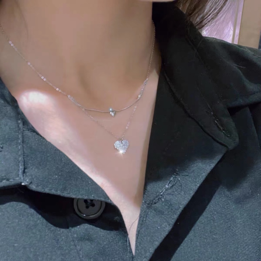 Kalung Rantai Klavikula Model Lapis Ganda Desain Hati Warna Silver Gaya Korea Untuk Wanita