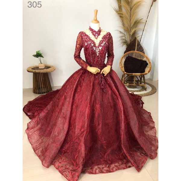 Gown Pengantin Modern krinolin maroon