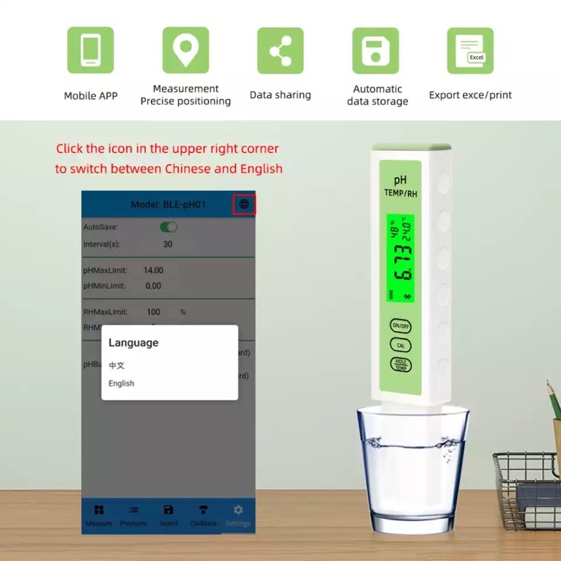 Bluetooth App Control Ios Android PH Meter Digital Air + Suhu + Kelembaban BLE-PH01