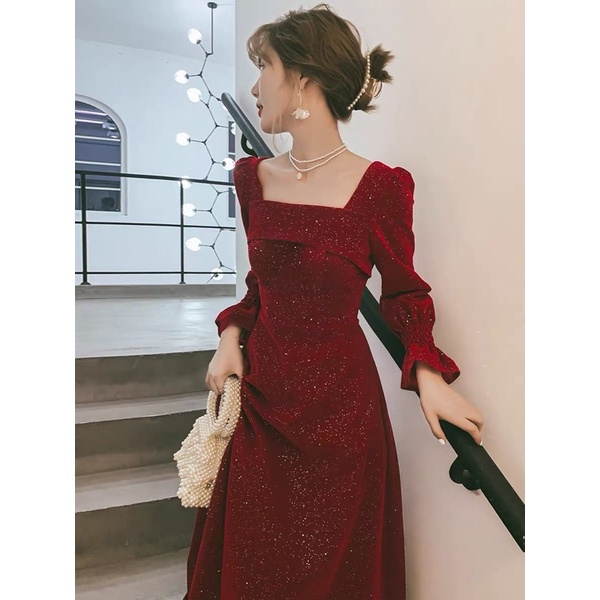 Long Dress Red Velvet Blink Square Neck M222