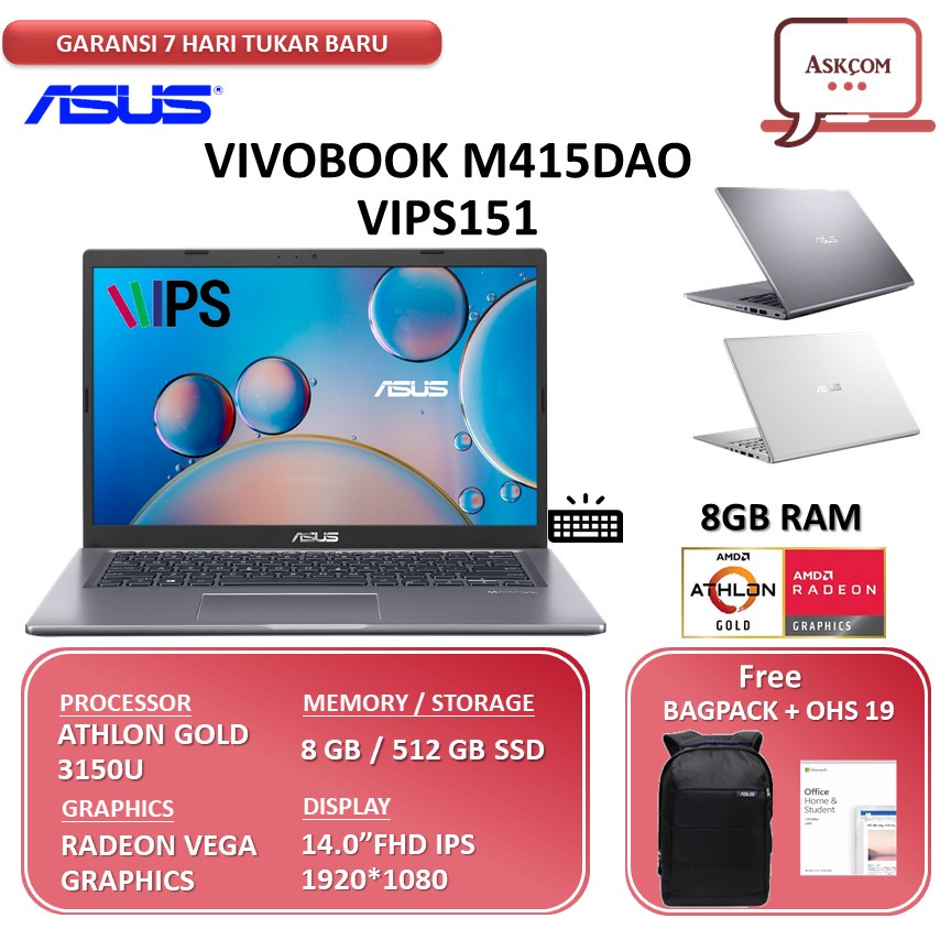 Laptop Asus VivoBook M415DAO FHD351 RYZEN 3 3250 8GB 512GB SSD VEGA 3 W11 OHS2021 14.0FHD