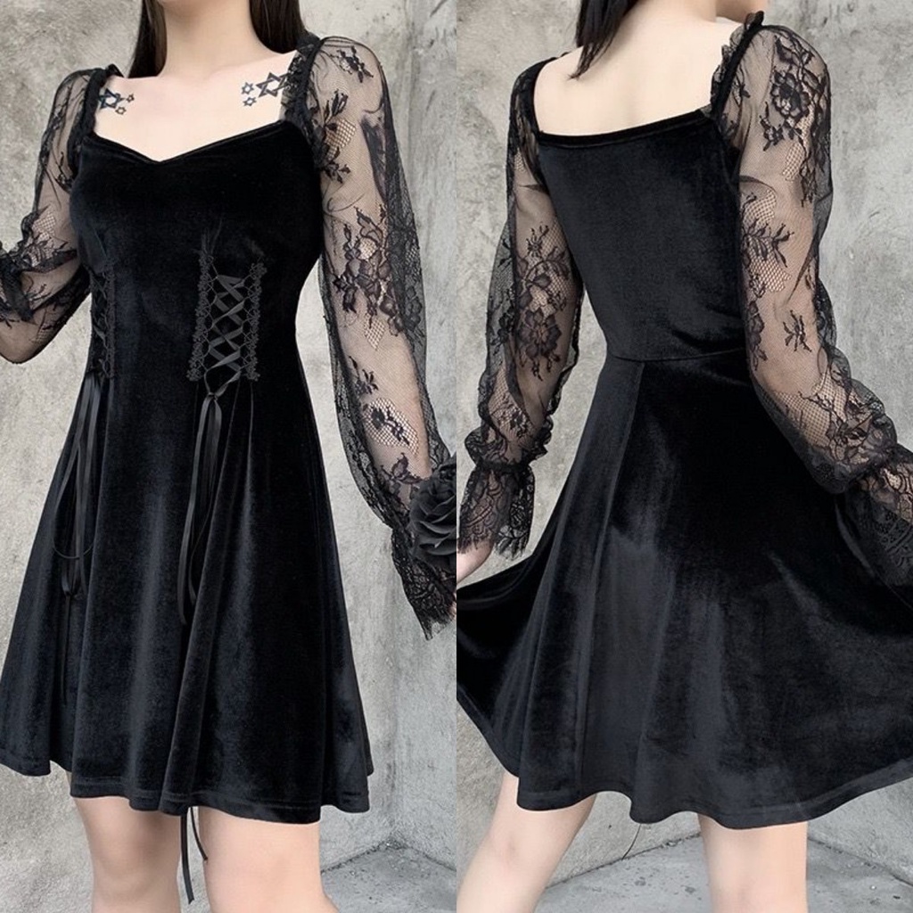 Gothic Vintage Grunge Layerder Lace Black Velvet Dress 8468 (S/M/L)