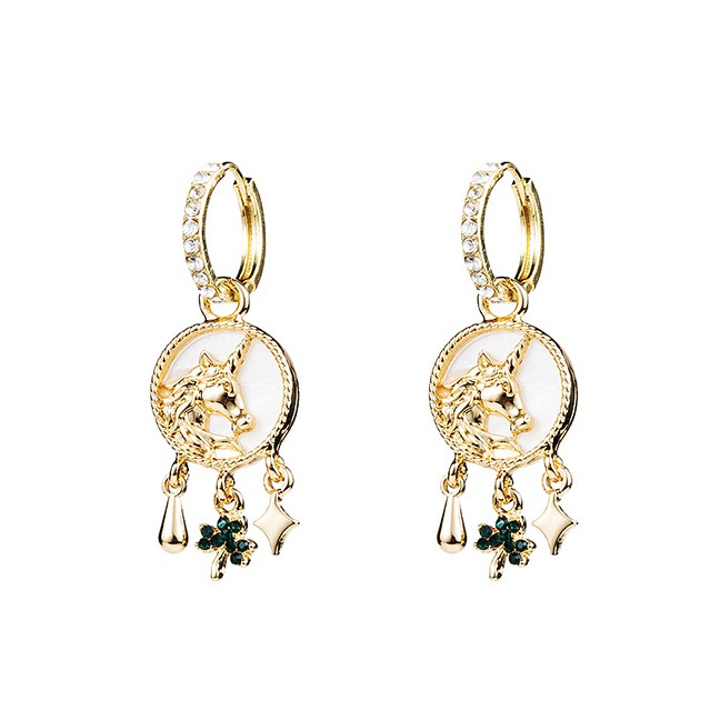 LRC Anting Tusuk Fashion Gold Emerald Clover Unicorn Earrings F77777