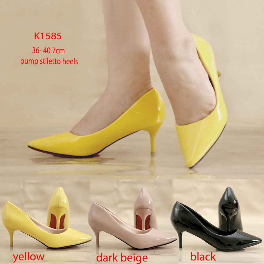 Sepatu Heels 7cm Beige Kuning Hitam Fashion Import - Glossy Pantofel Heels Kerja Kantor KY1585