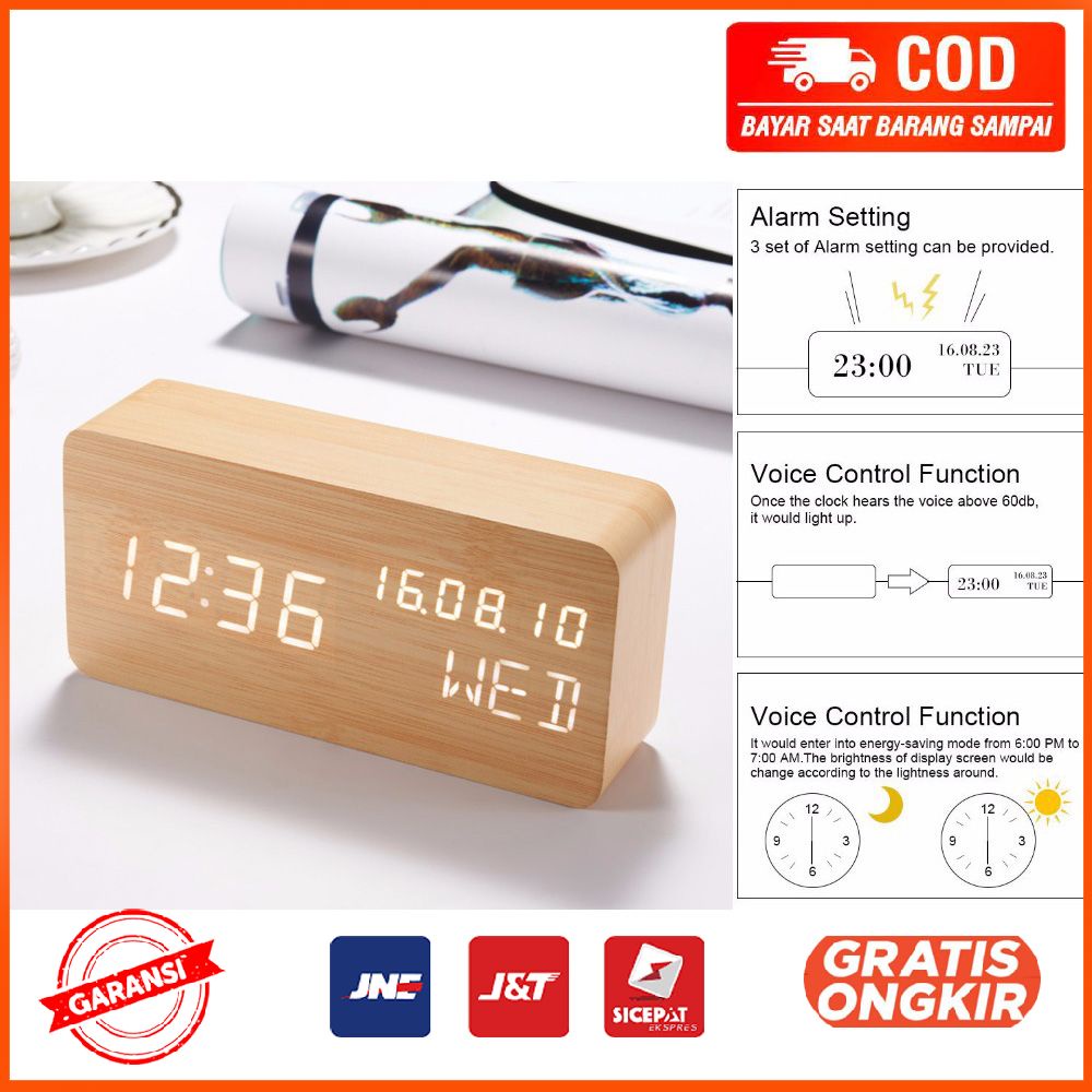 Jam Weker Alarm Motif Kayu Digital Voice Control