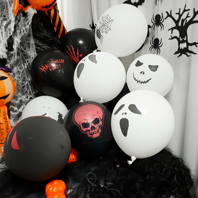 10pcs / set Balon Latex Tebal Motif Print Wajah Penyihir / Kelelawar / Laba-Laba 12 &quot;Untuk Dekorasi Halloween