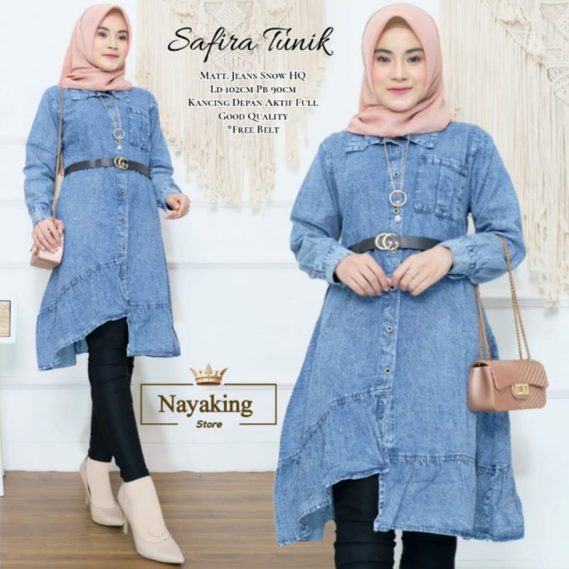 SAFIRA TUNIK JEANS SNOW HQ FREE BELT KANCING DEPAN AKTIF