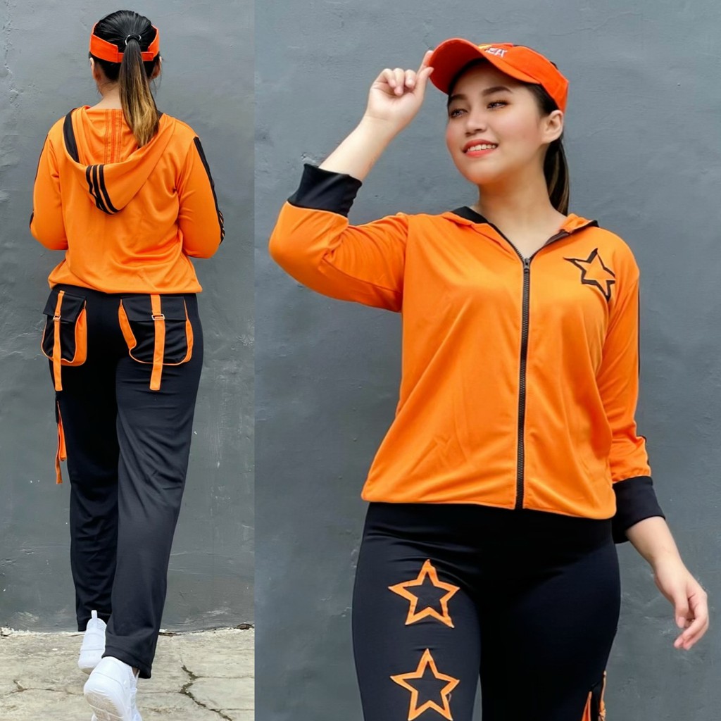 Baju Senam Aerobic Zumba Baju Olahraga gym Fitness Panjang Muslim Seragam BintangDouble Orange Hitam