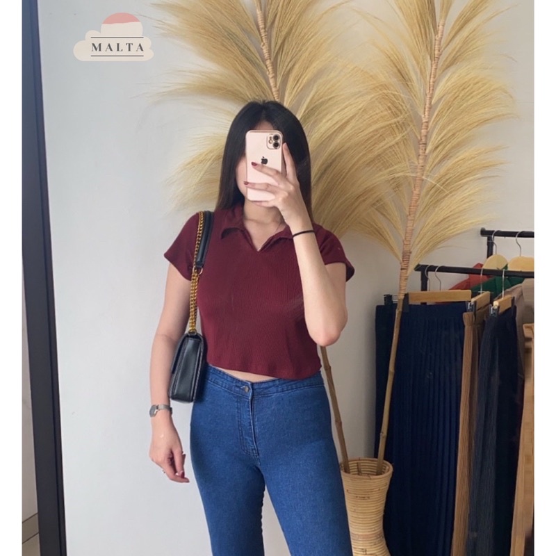 Camila V-Neck Crop Knit Top Baju Atasan Wanita Crop Baju Korea Berkerah Terbaru