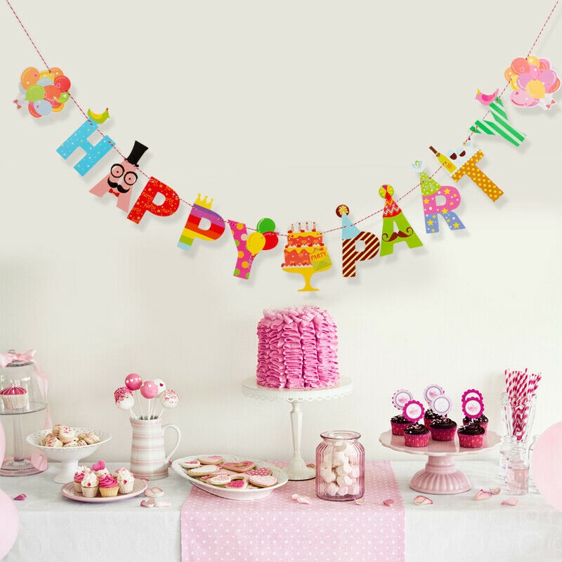 Lucu Kartun Happy Birthday Kertas Banner Bunting Baby Shower Dekoarasi Bendera Warna-Warni Gantung Garland Pesta Supply