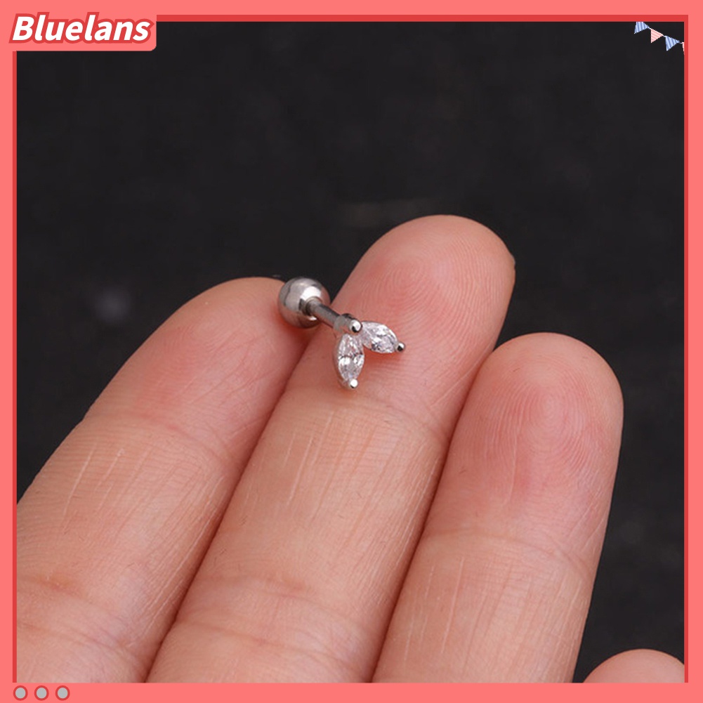 1pc Anting Stud Bentuk Daun Barbel Bahan Cubic Zirconia Untuk Wanita