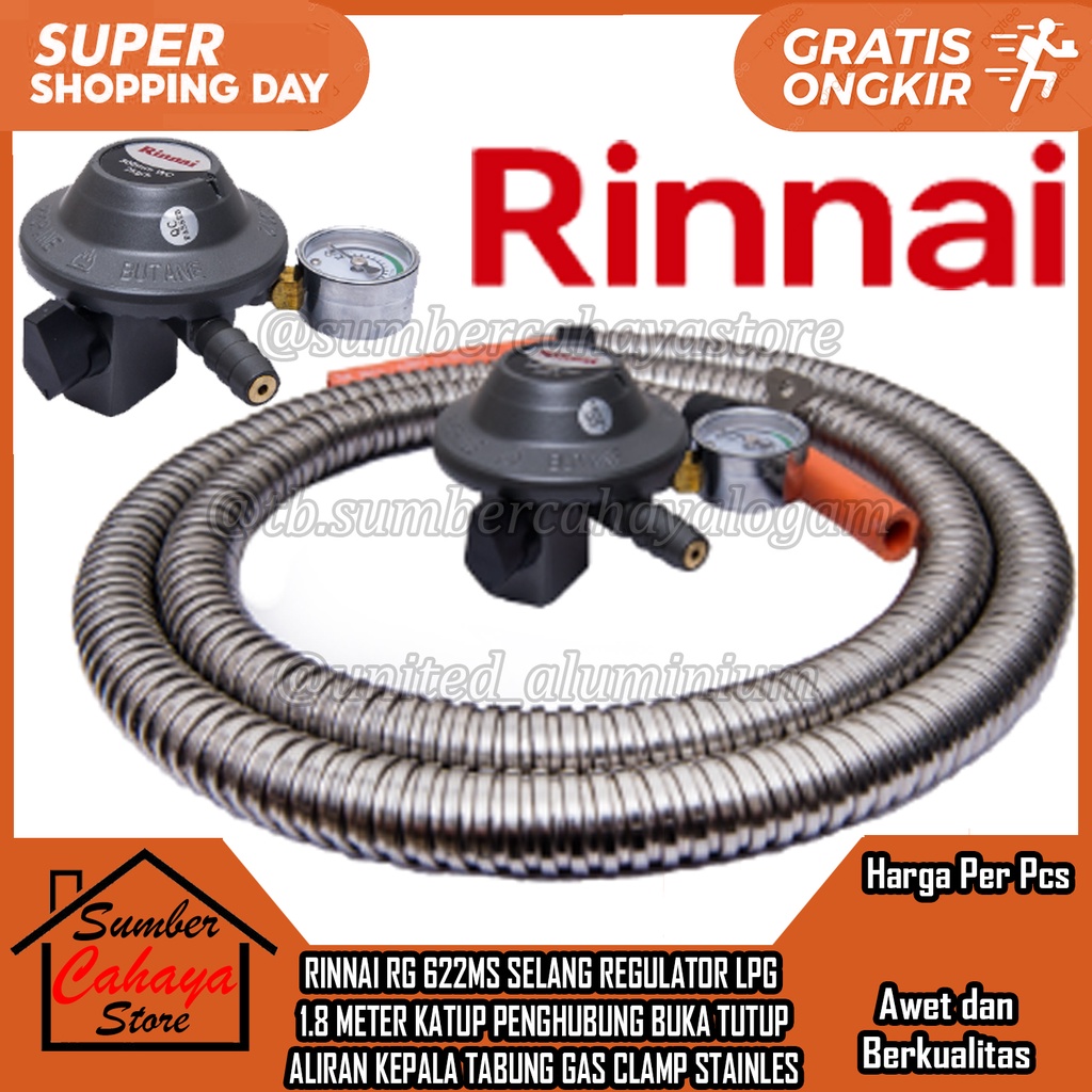 Rinnai Selang Regulator RG 622 MS KOMPOR GAS Lpg 1.8 M Mtr Meter Slang Katup Membuka Menutup Penutup