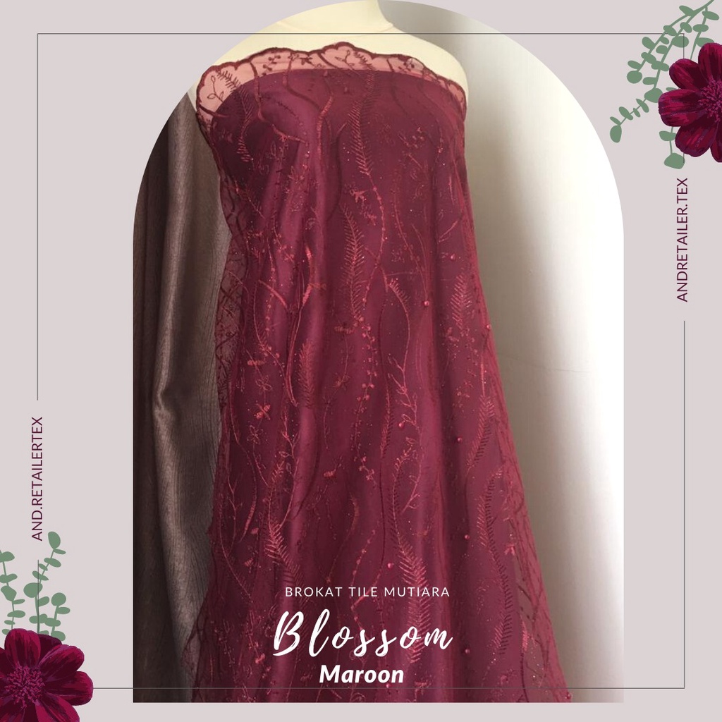 Kain Brokat Bahan Kebaya Tile Mutiara Blossom warna merah Maroon