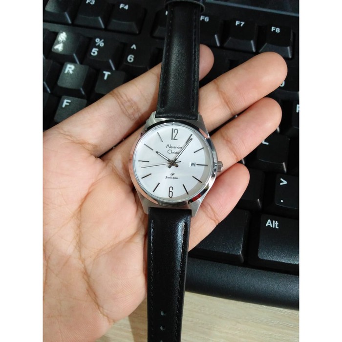 JUAL JAM TANGAN WANITA ASLI   ALEXANDRE CHRISTIE AC 1009 WANITA SILVER WHITE LEATHER BLACK ORIGINAL