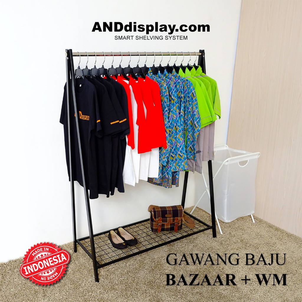 GAWANG BAJU BAZAR SINGLE + WM T 145 CM HITAM RAK BESI GANTUNGAN RAM