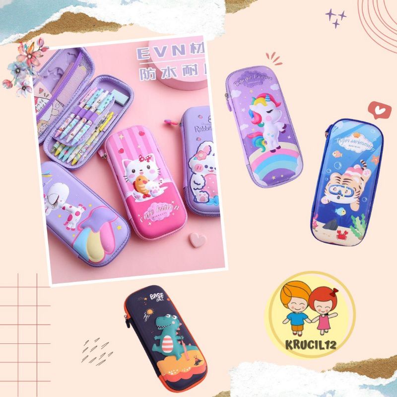 

KRUCIL Tempat Pensil Anak Mirip Smiggle 3D Timbul EVA Pensilcase Hardcase Waterproof Unicorn Rocket Dinosaur Cat
