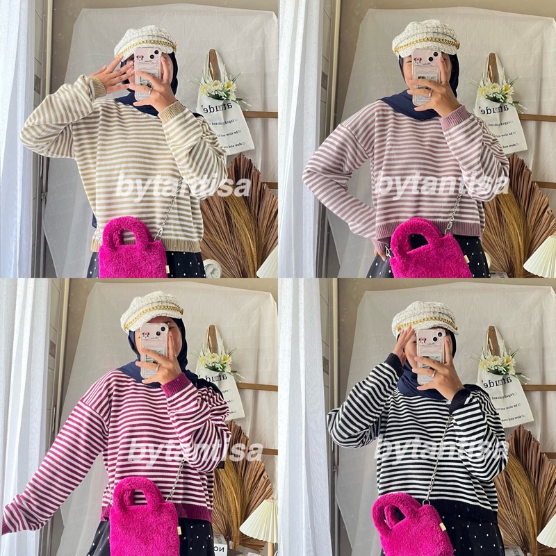 KHALIFASTOREE - SWEATER CROP RAJUT PENDEK STRIPPY MOTIF GARIS OUTWEAR/SWEATER RAJUT WANITA/SWEATER RAJUT STRIPE/BAJU RAJUT/SWEATER