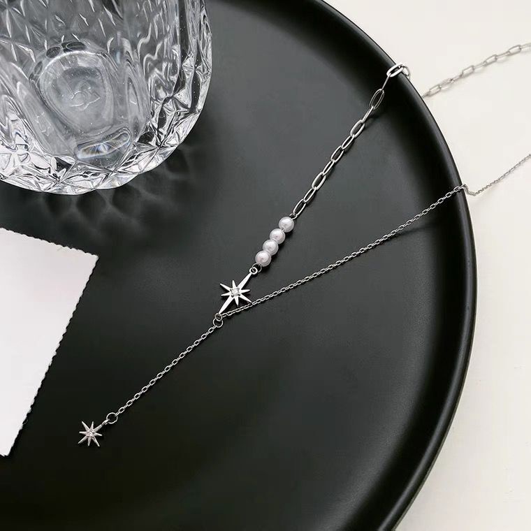 ★ODS★K28 Kalung Korea Rantai Mutiara Zircon Star Yuriko Juntai Silver Pearl Bintang Korean Necklace