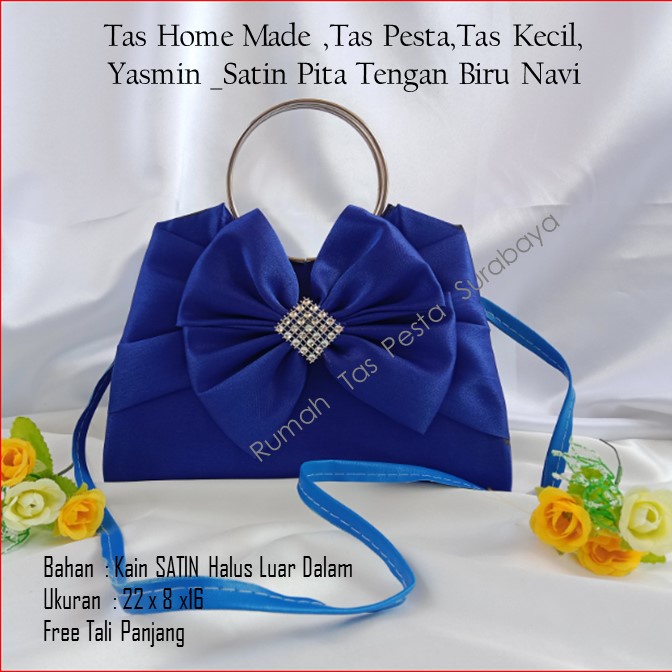 Tas Home Made ,Tas Pesta,Tas Kecil,Yasmin _Satin Pita Tengan Biru Navy