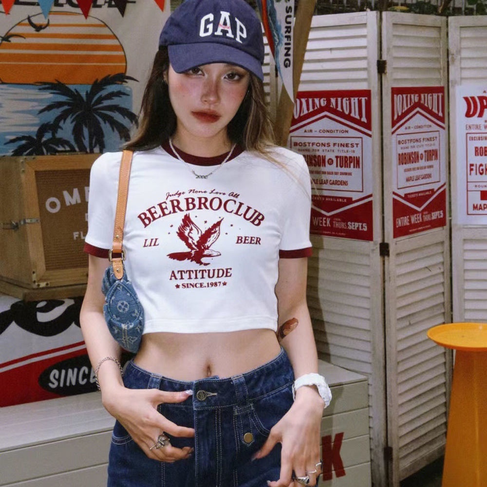 BeerBro American retro ketat warna kontras manset kerah lengan pendek T-shirt hot girl cropped pusar