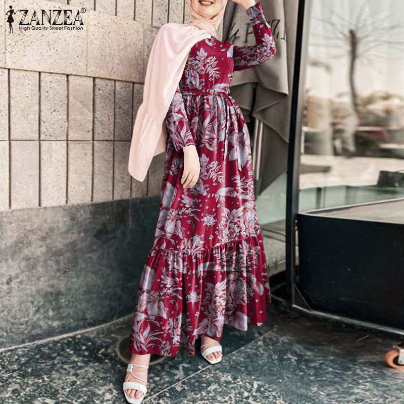 ZANZEA Women Elastic Waist Belted Patchwork Floral Printed Muslim Maxi Dress