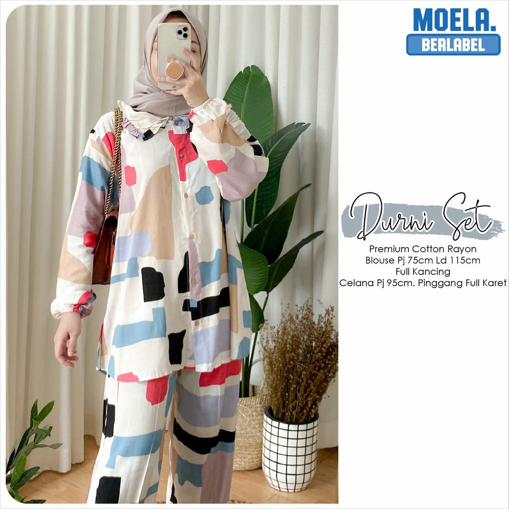 Fashion Moela Durni Set LD 115 Setelan  jumbo bluse lengan panjang motif kekinian pinggang karet