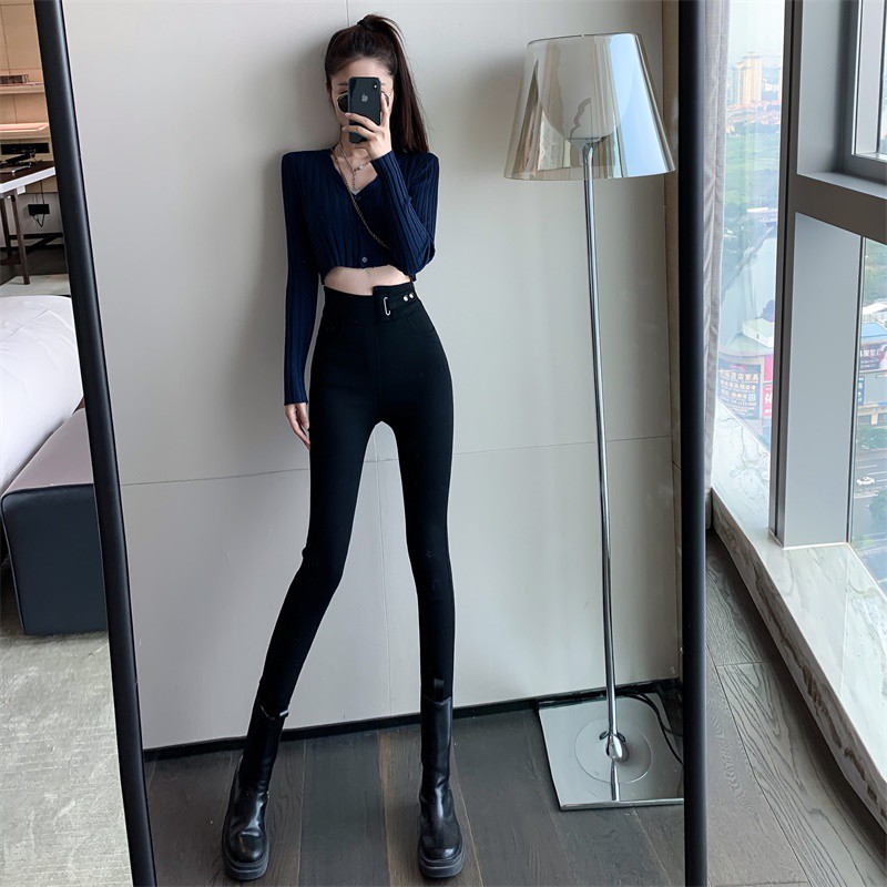 Baru Pinggang Tinggi Pelangsing Kurus Celana Slim Fit Hitam Di Atas Lutut Tappered Pensil Celana Kas