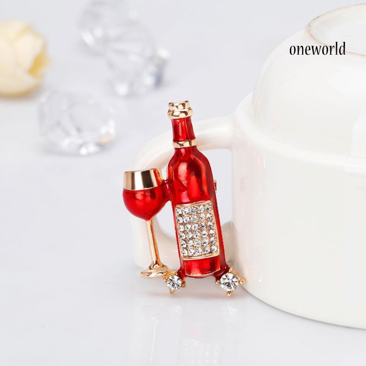 OW@ Women Wine Bottle Cup Shape Rhinestone Inlaid Brooch Pin Denim Jacket Badge