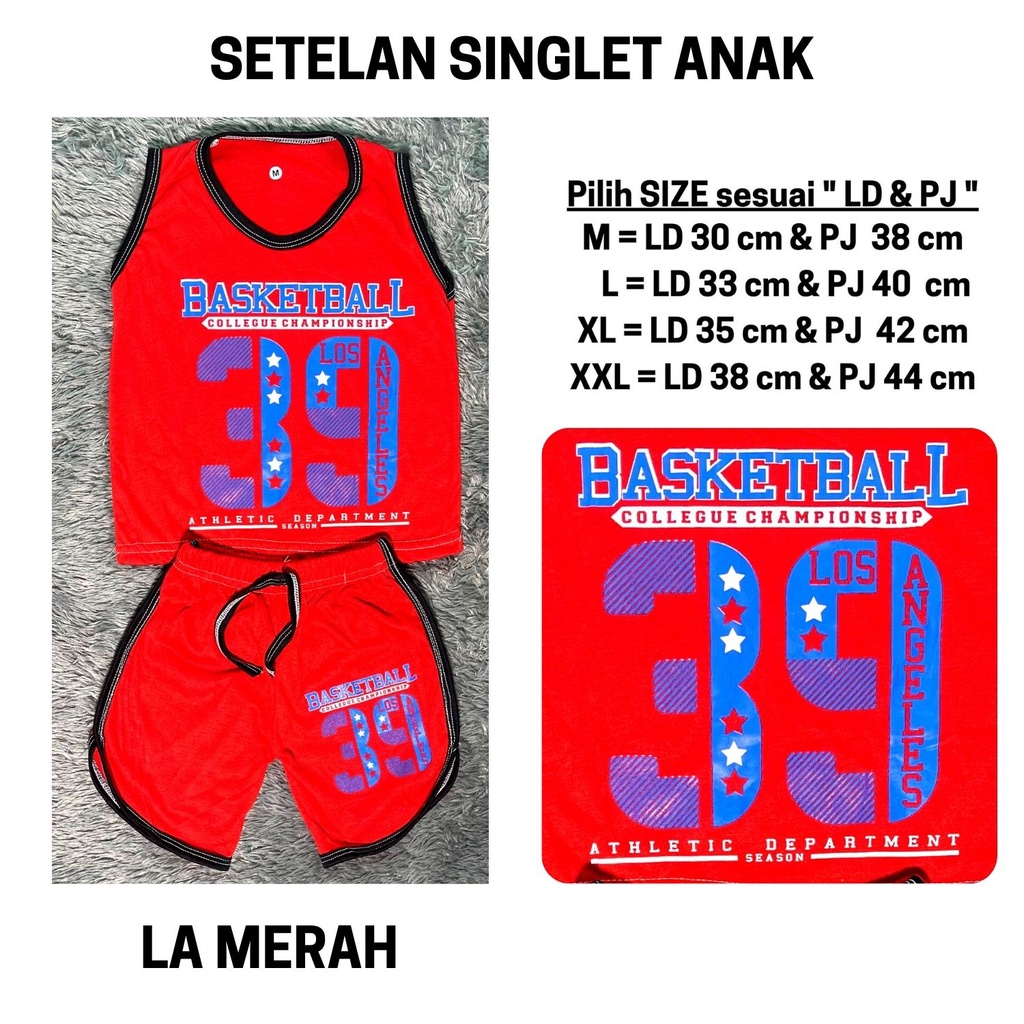 Setelan Anak Laki Laki Stelan Baju Kutung Lekbong Cowok Kaos Bola Basket Singlet Cowo Murah Celana Pendek Harian 3 4 5 6 Tahun Kode 14-14 LA MERAH