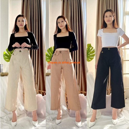 Celana Kulot Highwaist Bahan Rami Linen Wide Leg Cullotes 2236 || Ootd Korean Style