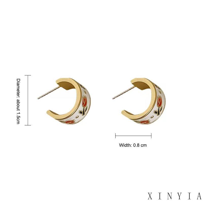 【Bayar di tempat】Retro Musim Semi Tulip Lingkaran Anting Stud S925 Sterling Silver Bentuk C Lingkaran Tulip Gaya Retro Hongkong Untuk Musim Semi