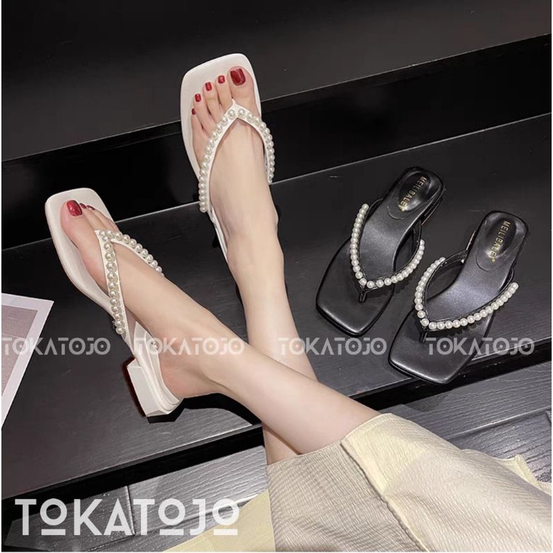 SANDAL HEELS 3 CM TERBARU SANDAL HAK TAHU WANITA MUTIARA SANDAL HEELS JEPIT MUTIARA  DI JAMIN REALPICT HARGA MURMER