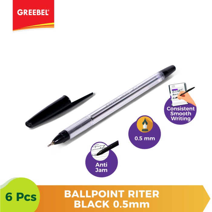 Ballpen Hitam Pulpen Greebel Ballpoint Riter0.5 Black - 6pcs.