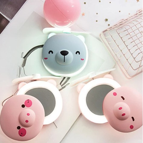 Kipas angin Cermin kaca LED Lampu portable make up baby friends piggy cosmetic mirror mini fan