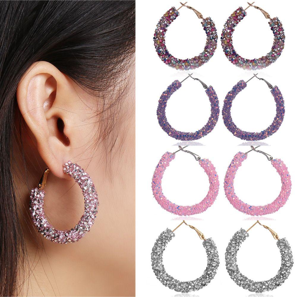 Lily Hoop Earring Charm Glitter Geometris Bulat Kristal Liontin