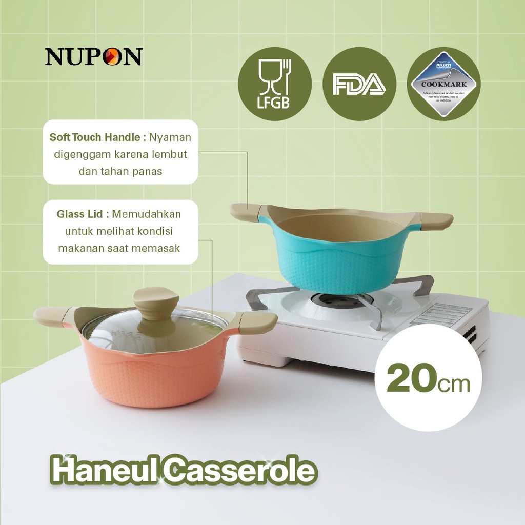 NUPON Haneul Casserole 20cm Induction Bottom Glass Lid - Kompor Induksi- ANTI PFOA dengan Pouring Spout- Ceramic Cassrole 20 CM