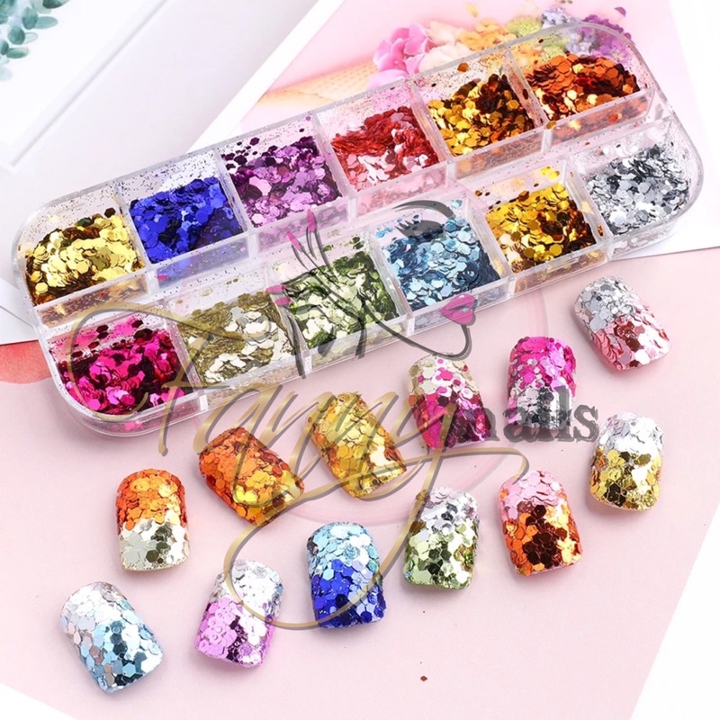 12PCS MERMAID SEQUIN HEXAGONAL GLITTER GLITER HEXAGONAL JAPAN NAIL ART SILVER CHROME NAIL GLITTER