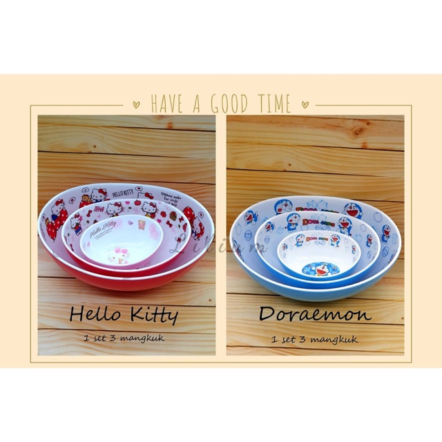 Mangkuk Oval Melamin Set Hello Kitty / Doraemon isi 3 mangkok