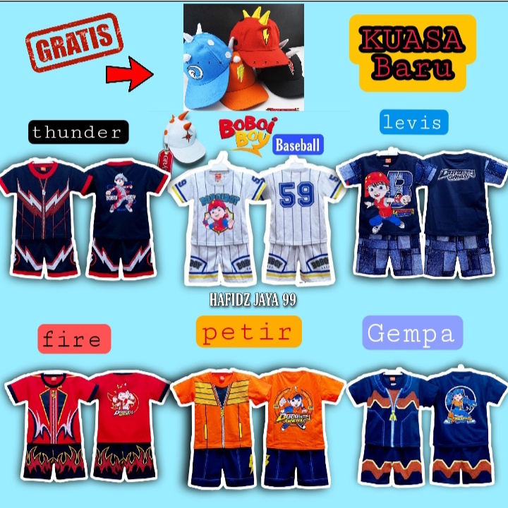 SETELAN ANAK LAKI-LAKI BAJU BOBOIBOY SET TOPI /BOBOBOY BOBOBOI HALILINTAR PETIR API DAUN AIR GALAXY 