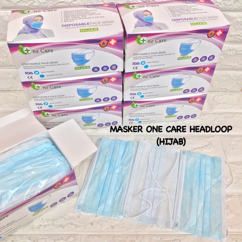 MASKER HIJAB EARLOOP BIRU 3PLY FACE MASK / MASKER NON MEDIS HEADLOOP CANTOL TELINGA