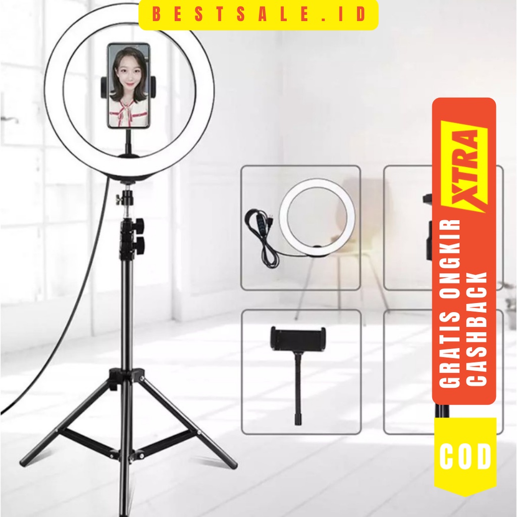 Paket Komplit Ringlight 26cm + Tripod 2,1 Meter Vlog Lampu Ringlight 3 Mode Cahaya 360 Derajat