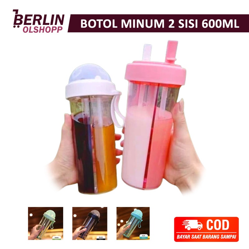 Botol Minum 2 Sisi - Botol minum 600ml 2 Sedotan - Botol Minum Dual