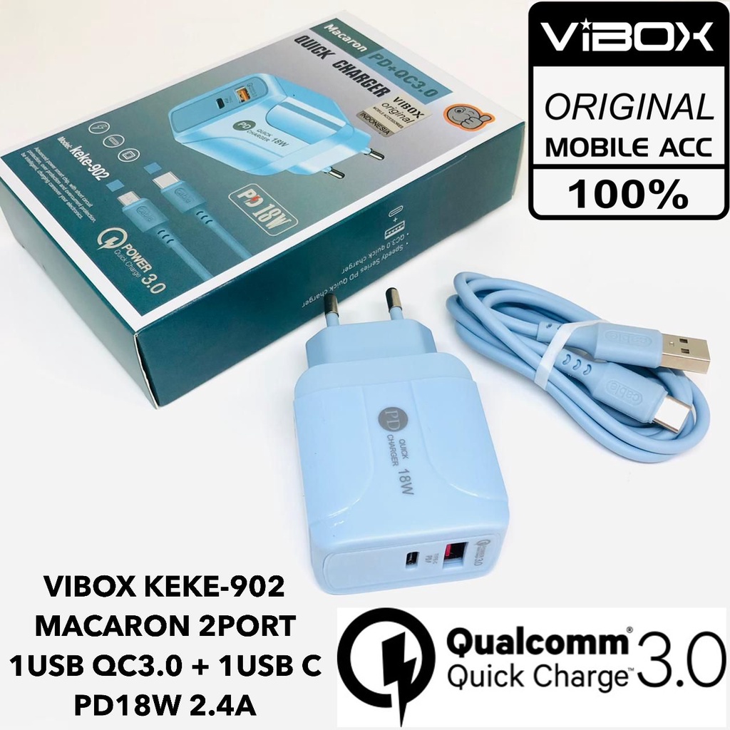 Charger 3.1A Cable USB Micro USB dan Type-C Fast Charging VIBOX KEKE-902  MACARON 2PORT 1USB QC3.0 + 1USB C  PD18W 2.4A