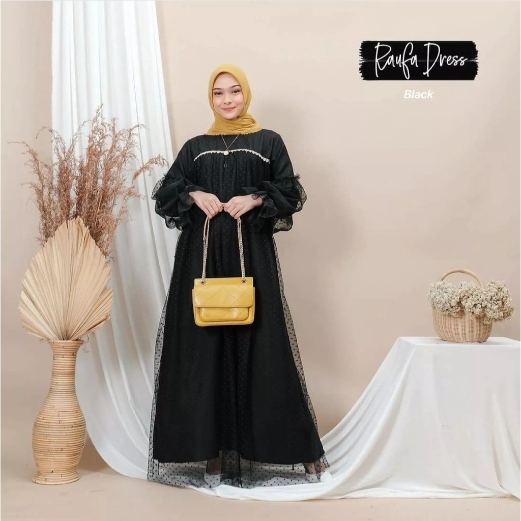 NEW- Raufa Dress Mosscrepe Mix Tille Dot JUMBO M-XL / BAJU DEWASA MURAH TERBARU 2021 / Gamis Kondangan Wanita