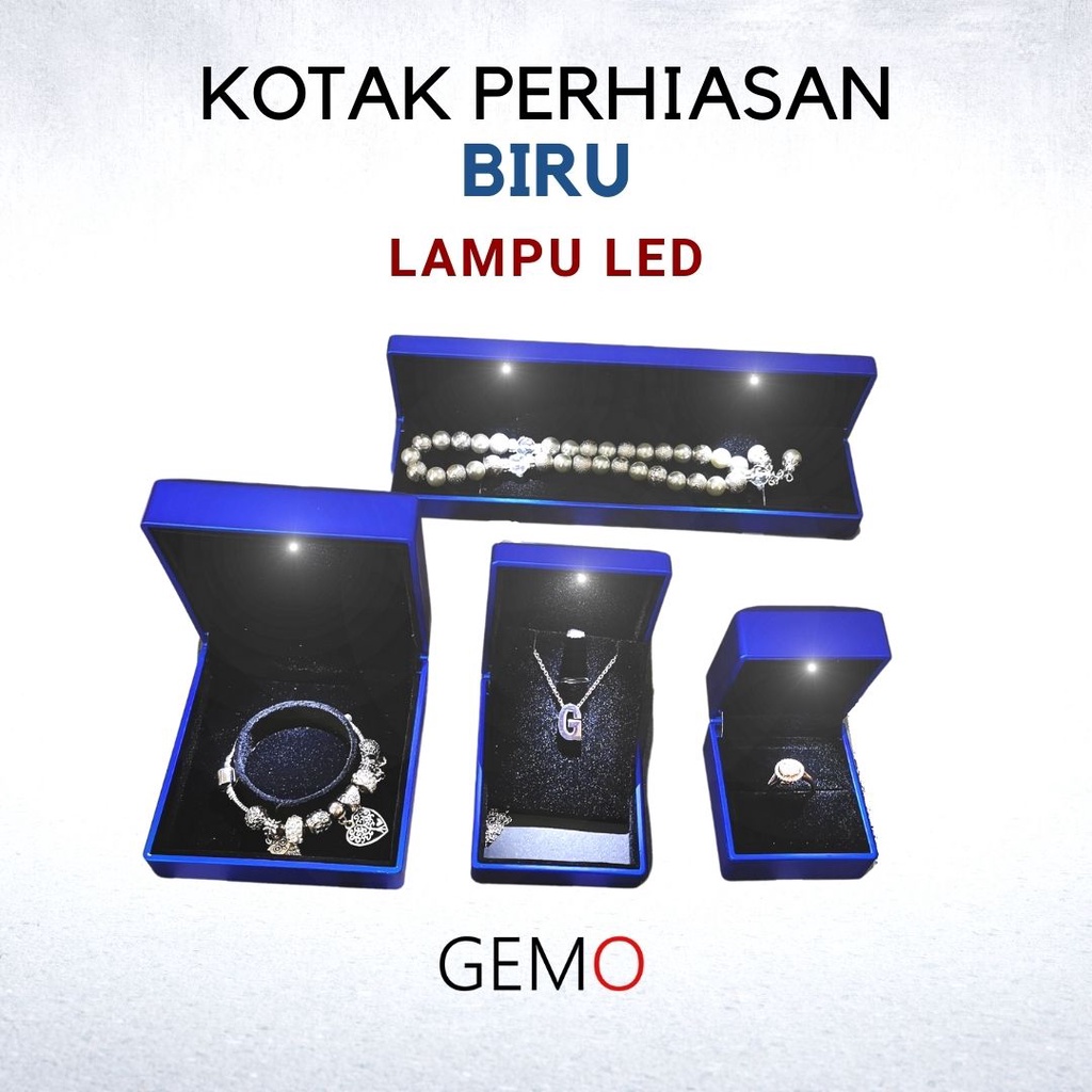 Kotak Perhiasan Berlampu Warna Biru Set / Cincin / Liontin / Gelang / Kalung Koye / Jewelry Box Tempat Perhiasan Lampu LED Murah Cocok Untuk Gift / Hadiah, Lamaran, Mahar Pernikahan, Hantaran Tunangan, Seserahan Pernikahan