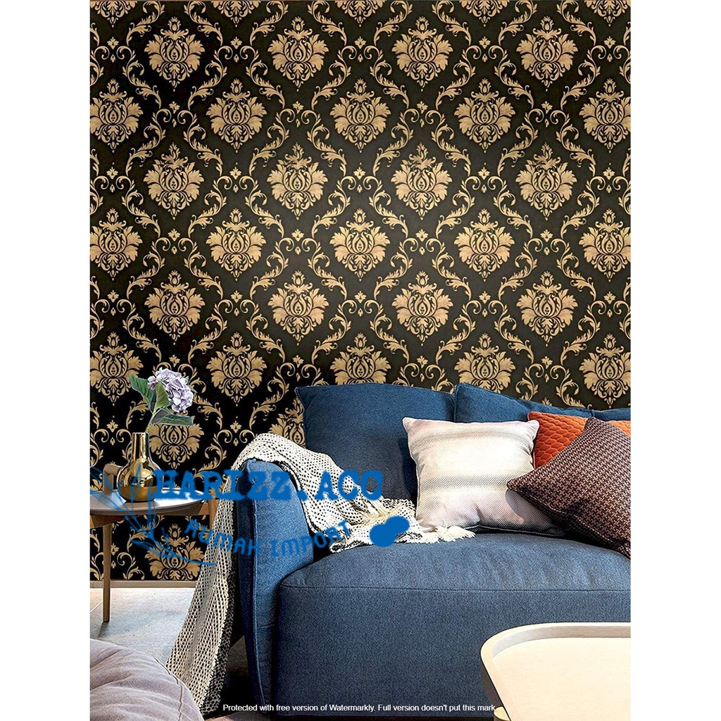 Wallpaper stiker dinding motif batik gold dasar hitam