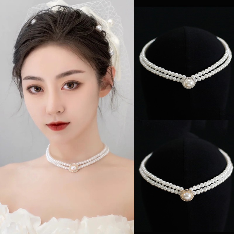 Kalung Mutiara Ganda Gaya Retro Korea Untuk Aksesoris Pernikahan